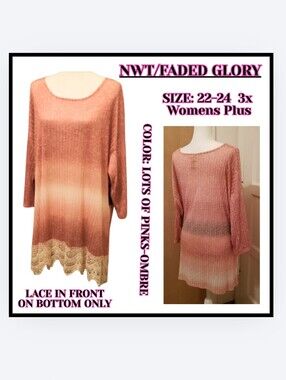 NWT / Faded Glory Pink Ombre Lace-Hem Tunic Womens Plus 22/24